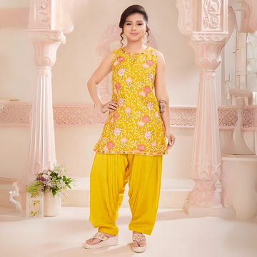 Yellow Printed Silk Sawar Suit For Girls
