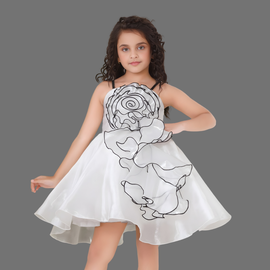 White Spiral 3D Petal Appliqué Party Frock For Girls