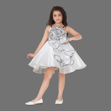 White Spiral 3D Petal Appliqué Party Frock For Girls