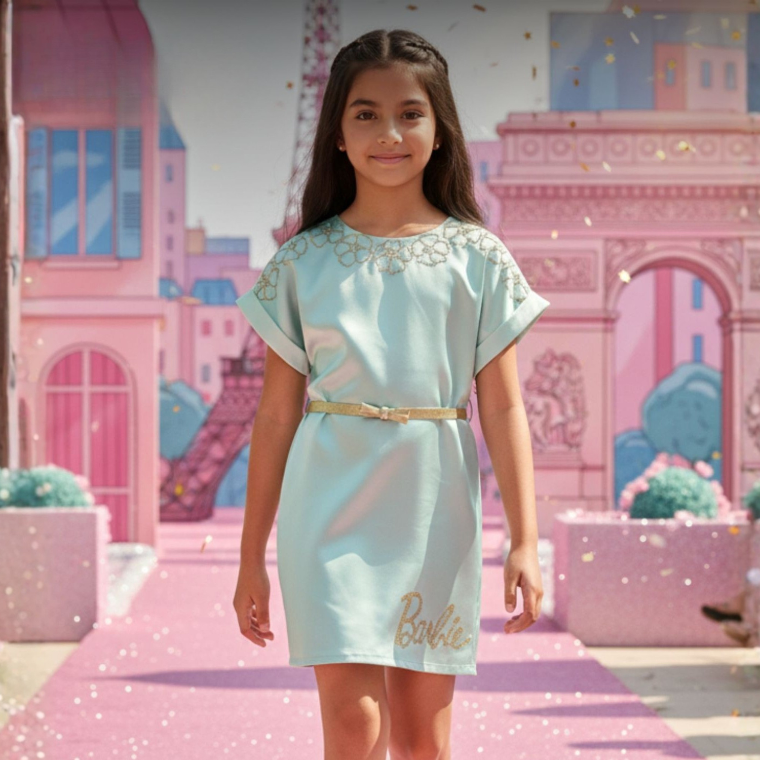 Girls light blue embellished frock close view
