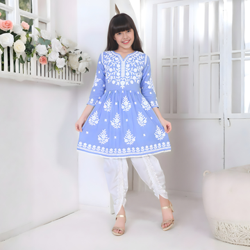 Blue Floral Printed Pure Cotton Kurti With Dhoti