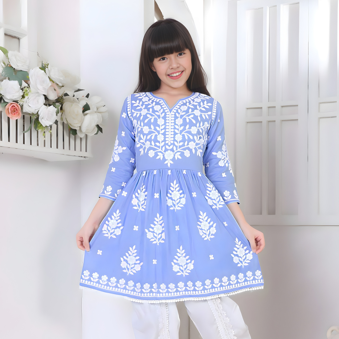 Blue Floral Printed Pure Cotton Kurti With Dhoti