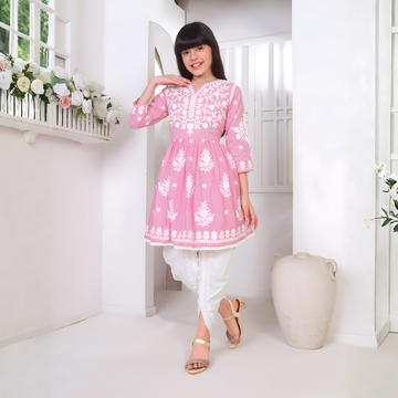 Pink Floral Printed Pure Cotton Kurti With Dhoti