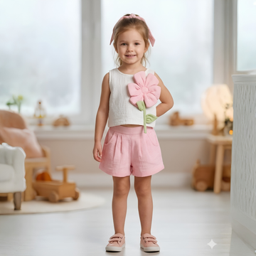 Girls Pink Floral Applique Top with Shorts Set