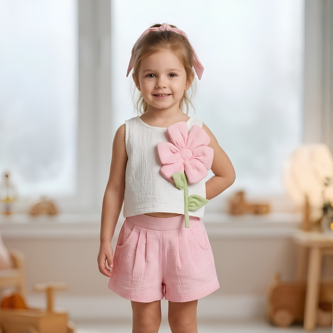 Girls Pink Floral Applique Top with Shorts Set