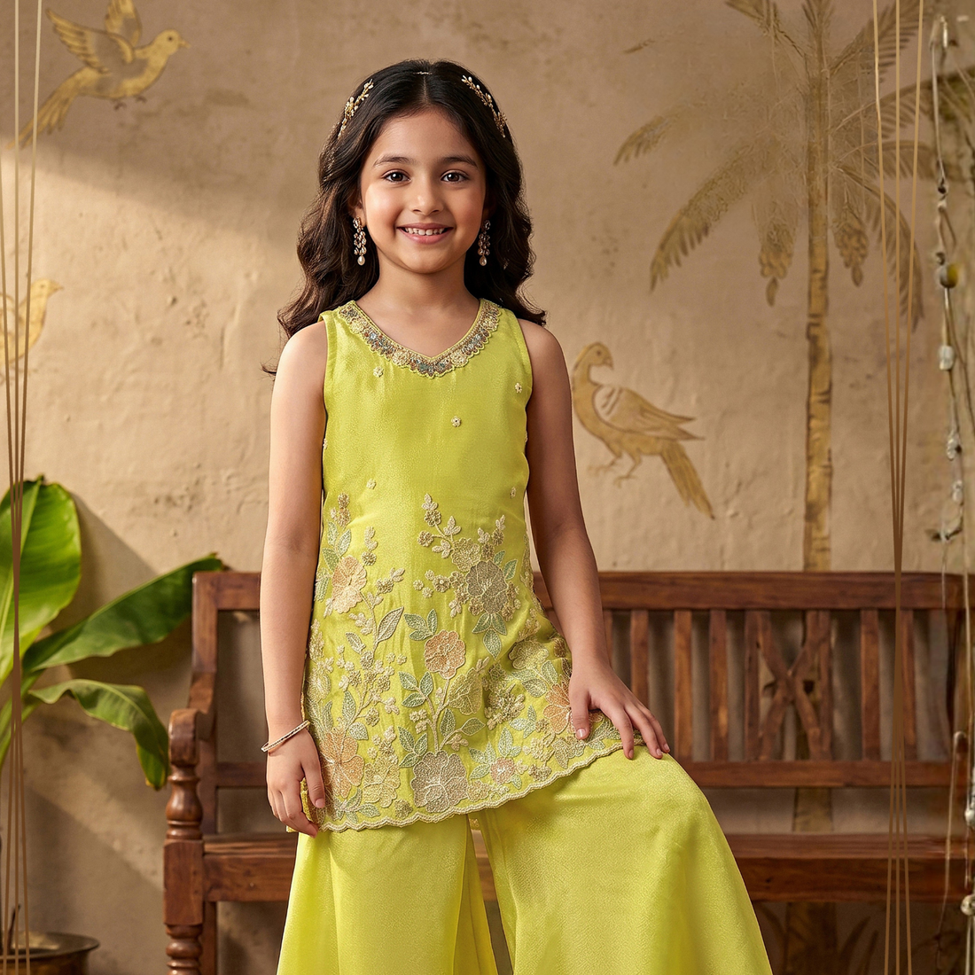 Yellow Mirror, Stone, Beads and Sequins work Palazzo Suit For Girls