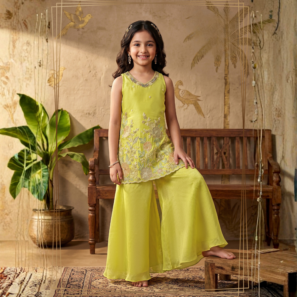 Yellow Mirror, Stone, Beads and Sequins work Palazzo Suit For Girls