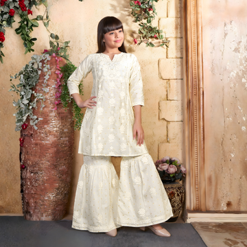 Cream Thread Embroidery Kurta With Sharara Set