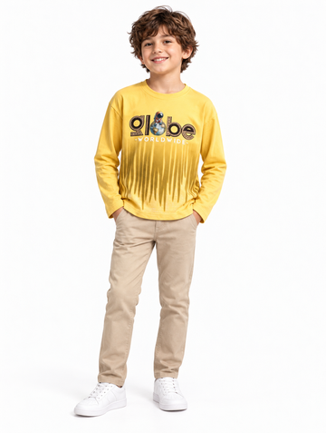 Boys Mustard Yellow Ombre Globe Print Full Sleeve T-Shirt