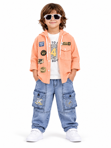 Boys Peach Hooded Shirt, T-shirt and Denim Cargo Pants Set