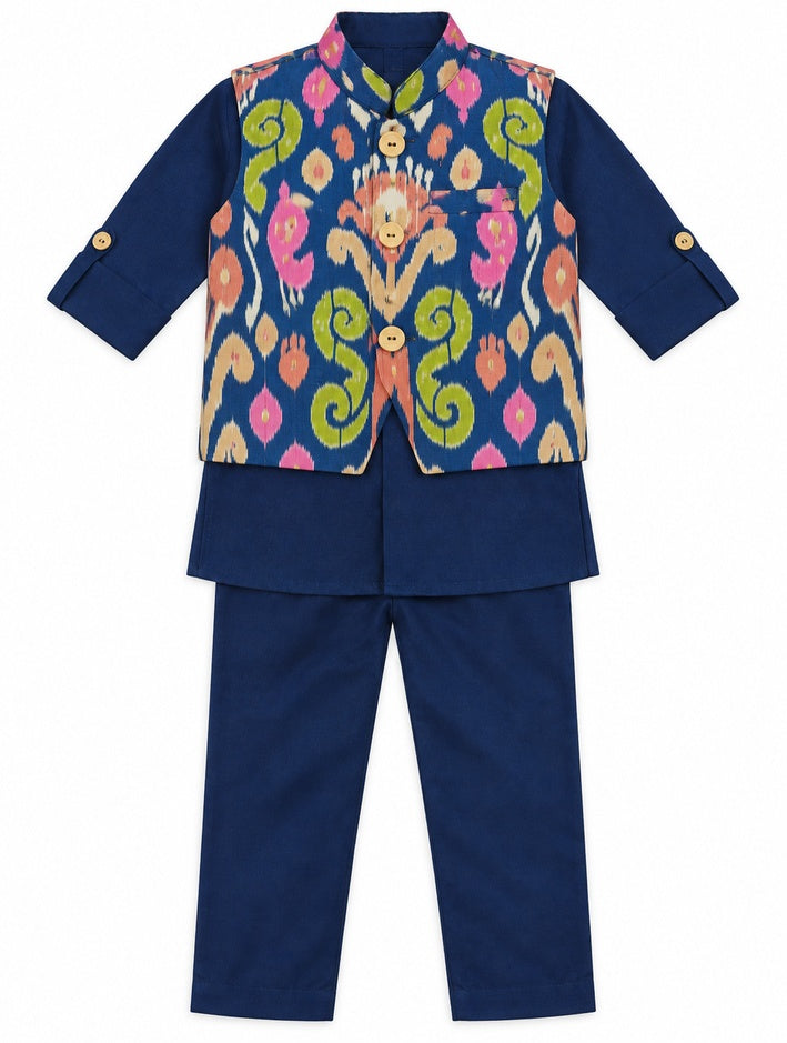 Boys Peacock Blue Ikat-Print Jacket, Kurta and Pajama Set