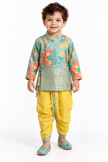 Boys Green Floral Kurta and Yellow Dhoti Set (Shoes Not Included)