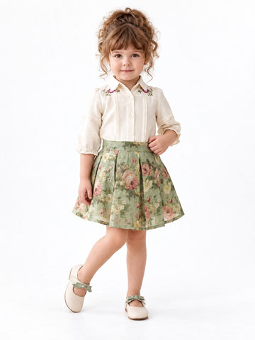 Girls Cream Shirt and Green Floral Pleated Skirt Set