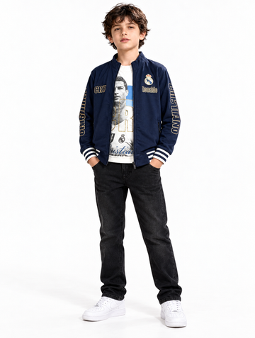 Boys Blue Printed Jacket with T-Shirt