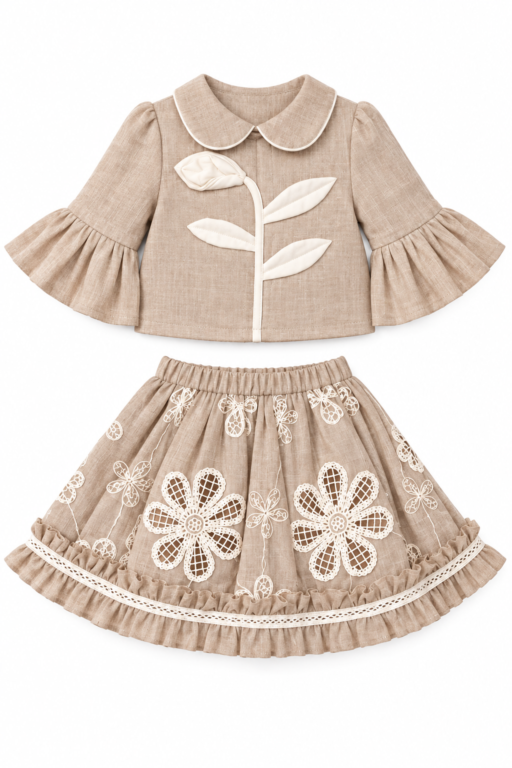 Girls Brown Floral Applique Top and Embroidered Skirt Set (Shoes Not Included)