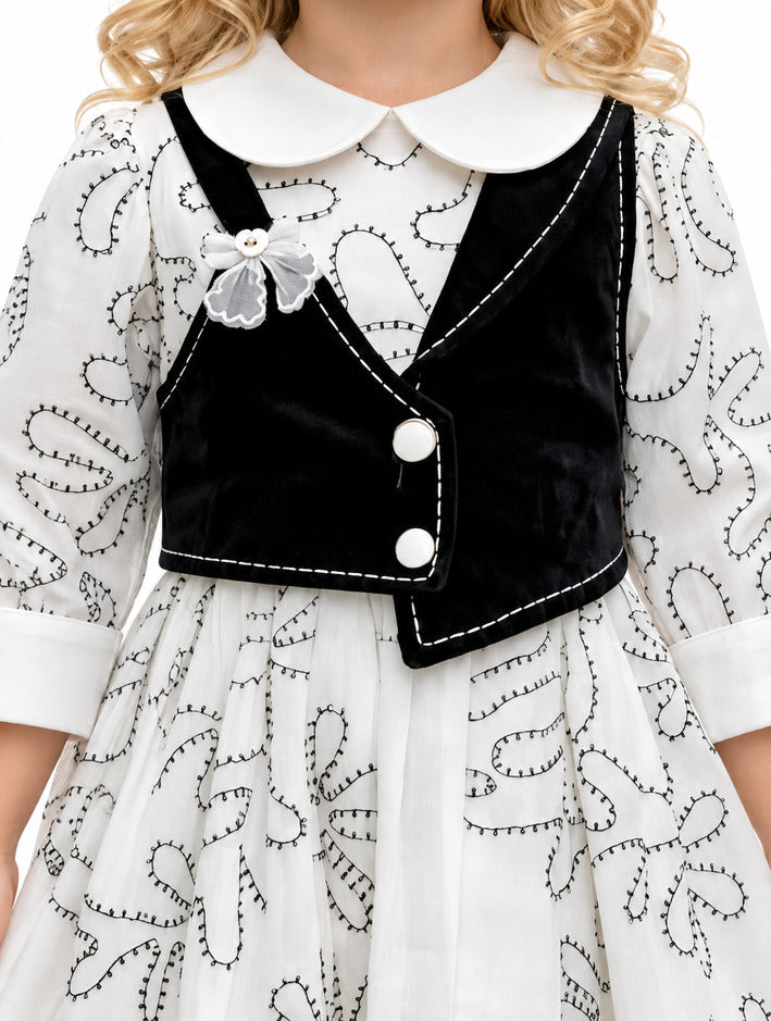 Girls White Embroidered Frock with Black Waistcoat