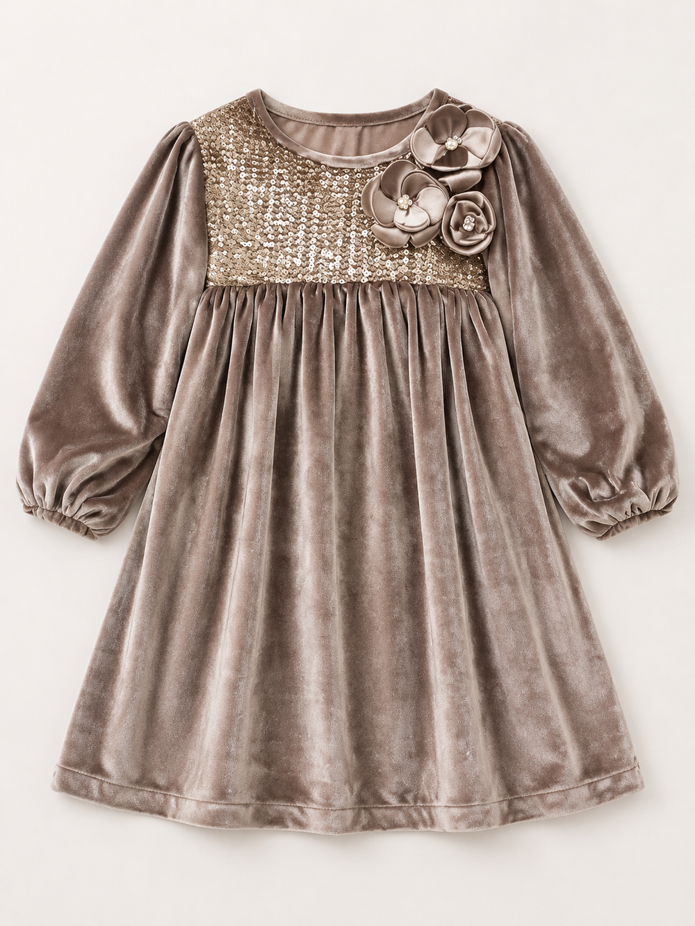 Girls Coffee Sequin Velvet Party Dress