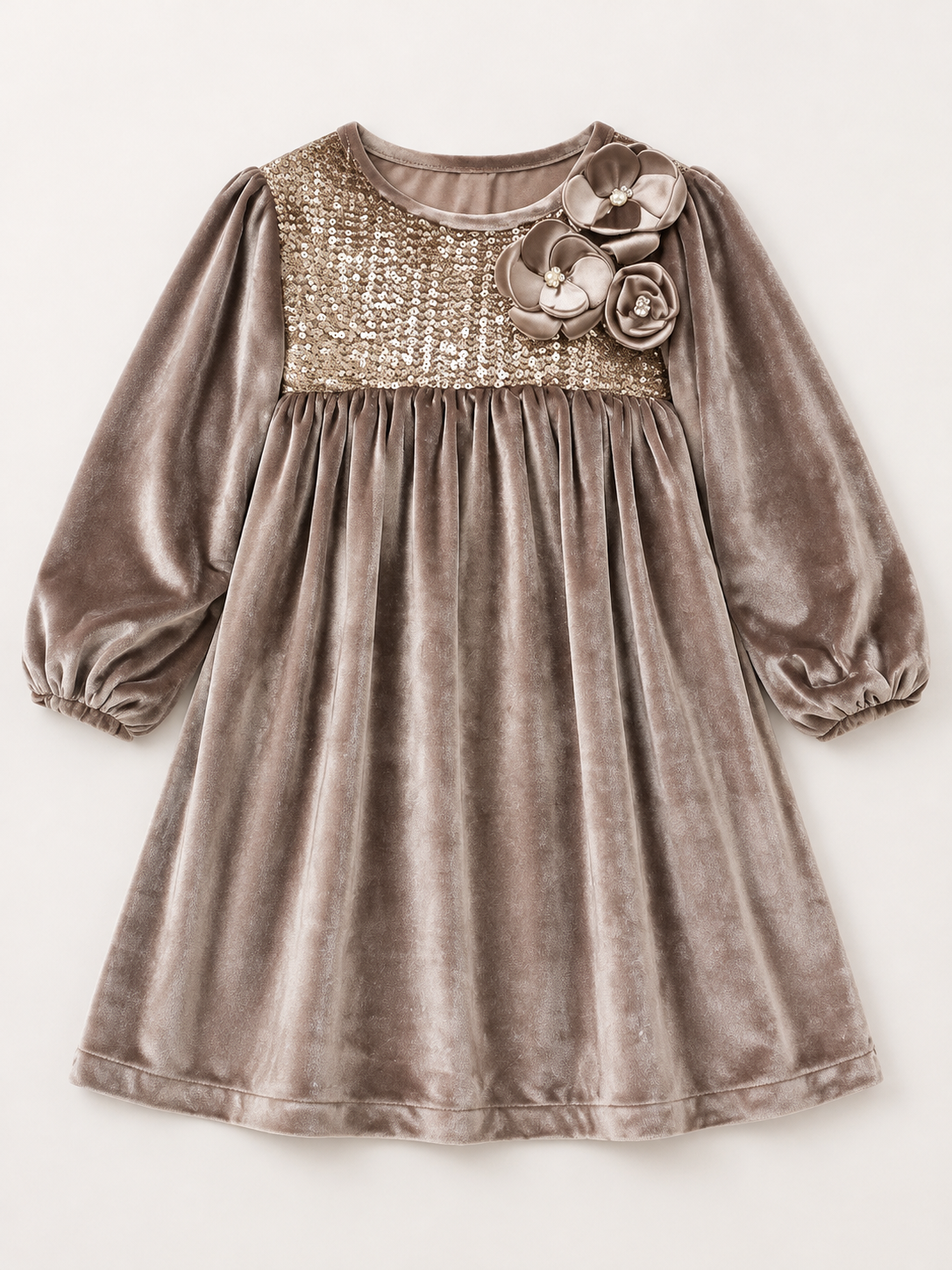 Girls Coffee Sequin Velvet Party Dress