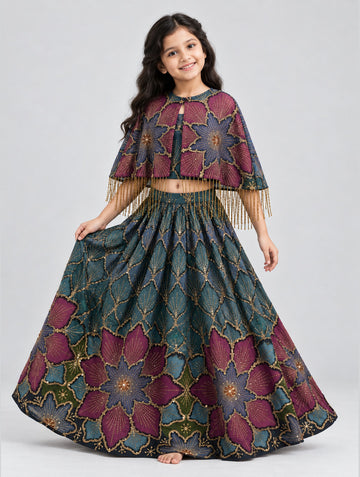 Girls Blue Embroidered Cape Lehenga Set