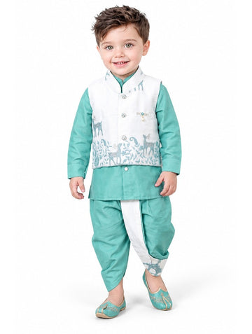 Boys Gray Kurta and Dhoti Set with Deer Motif Jacket