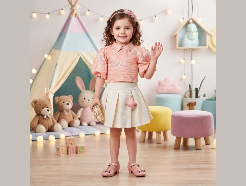Girls Floral Printed Top with Peach Pleated Skirt Set