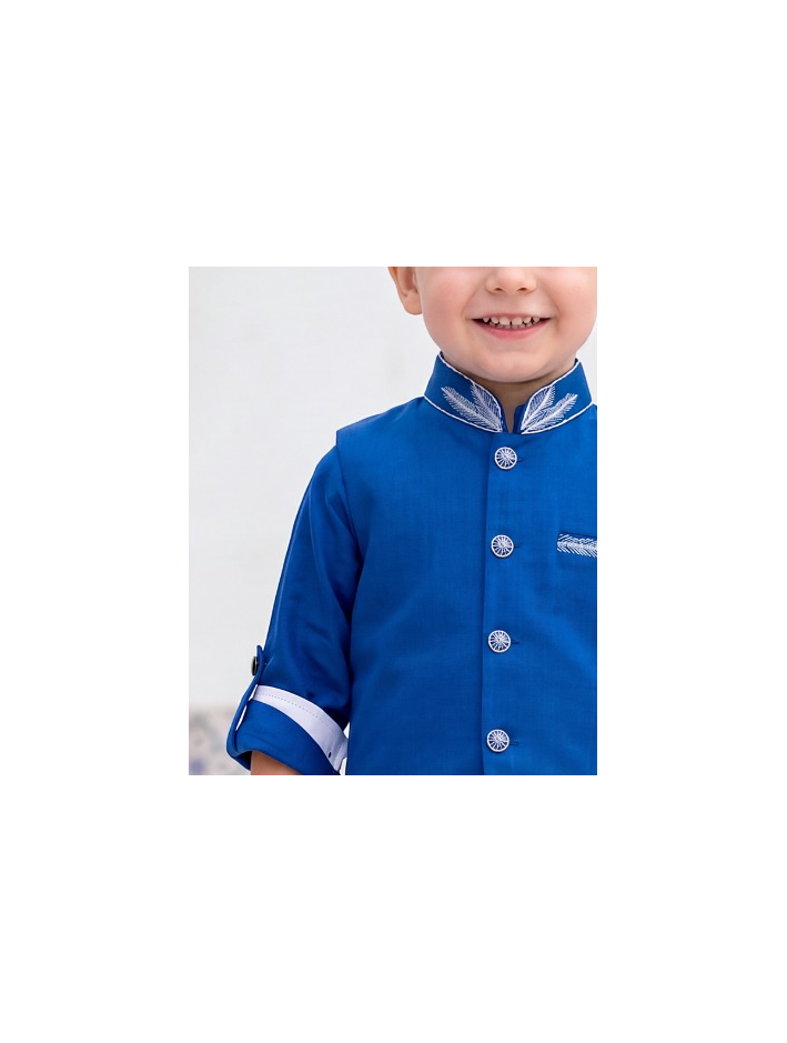 Boys Blue Embroidered Kurta with Attached Waistcoat and White Pajama Set (Shoes Not Included)