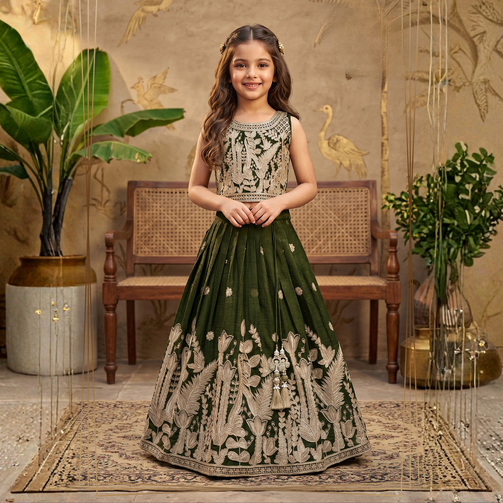 Kids Olive Green Lehenga Choli Set | Traditional Party Wear