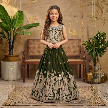 Kids Olive Green Lehenga Choli Set | Traditional Party Wear