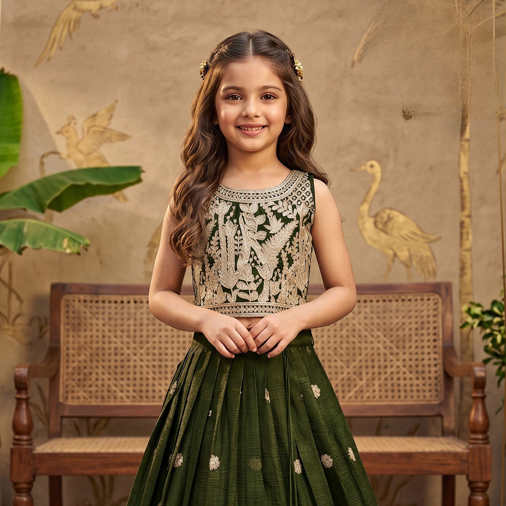 Kids Olive Green Lehenga Choli Set | Traditional Party Wear