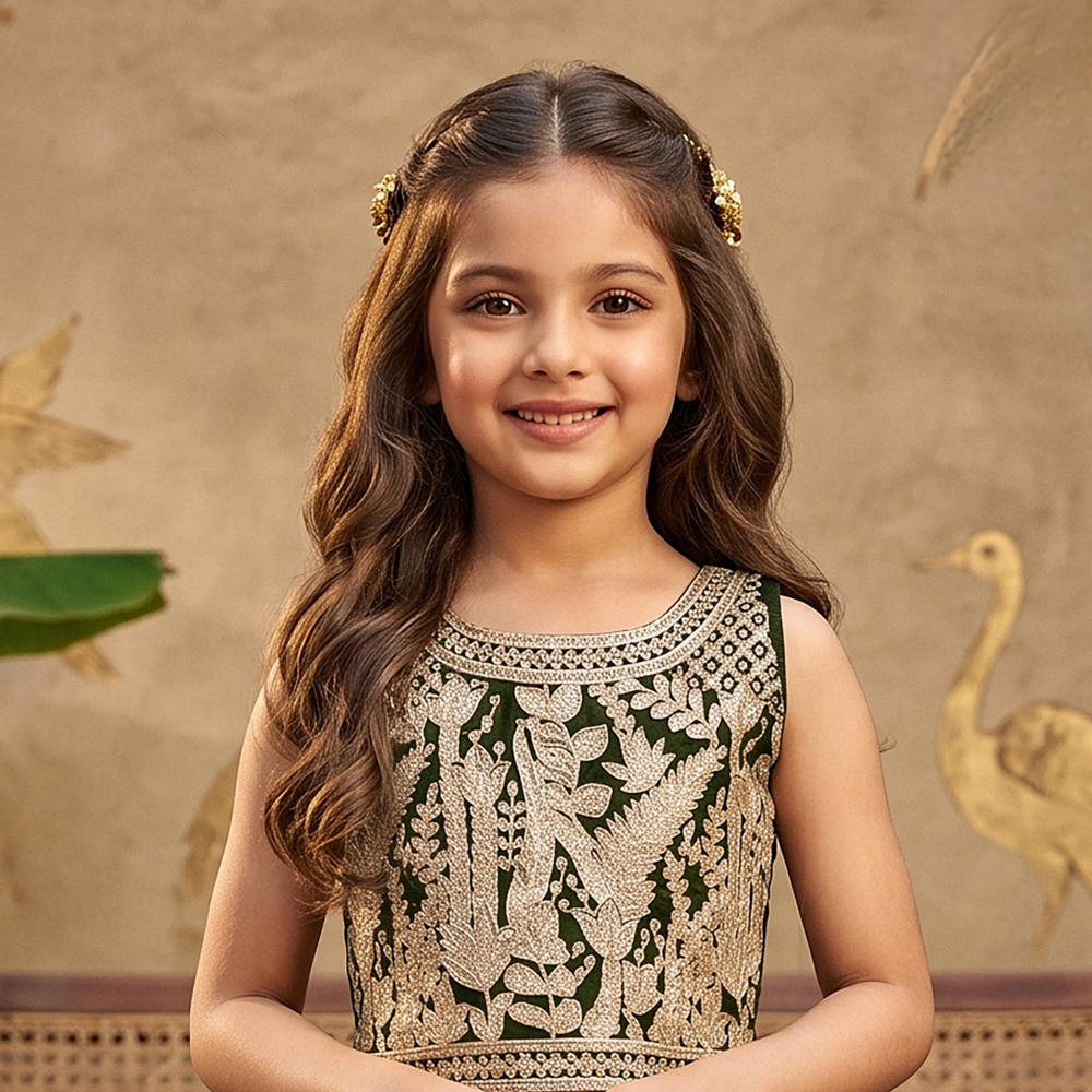 Kids Olive Green Lehenga Choli Set | Traditional Party Wear