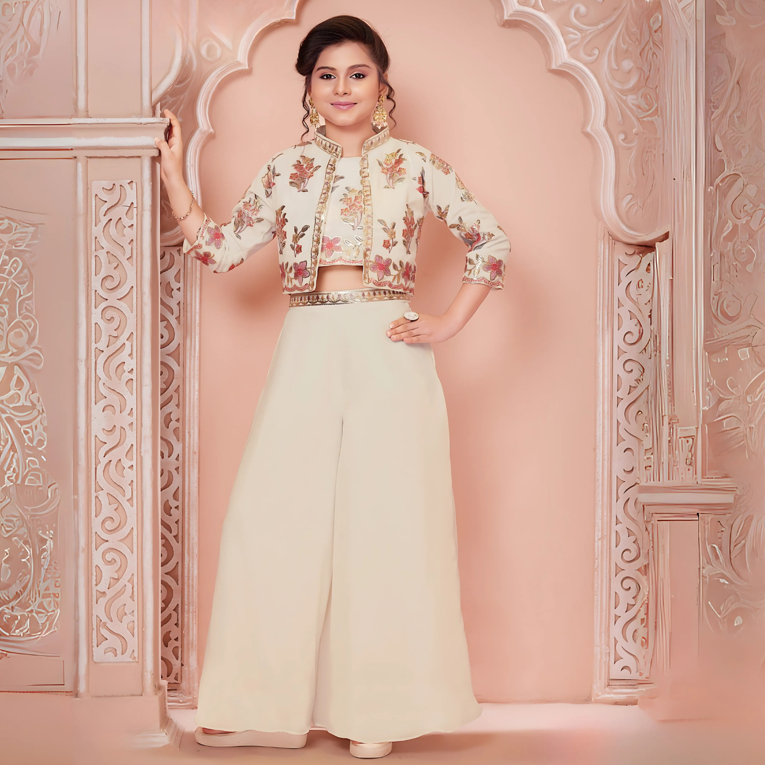 Bright Cream Palazzo Top Set With Shrug