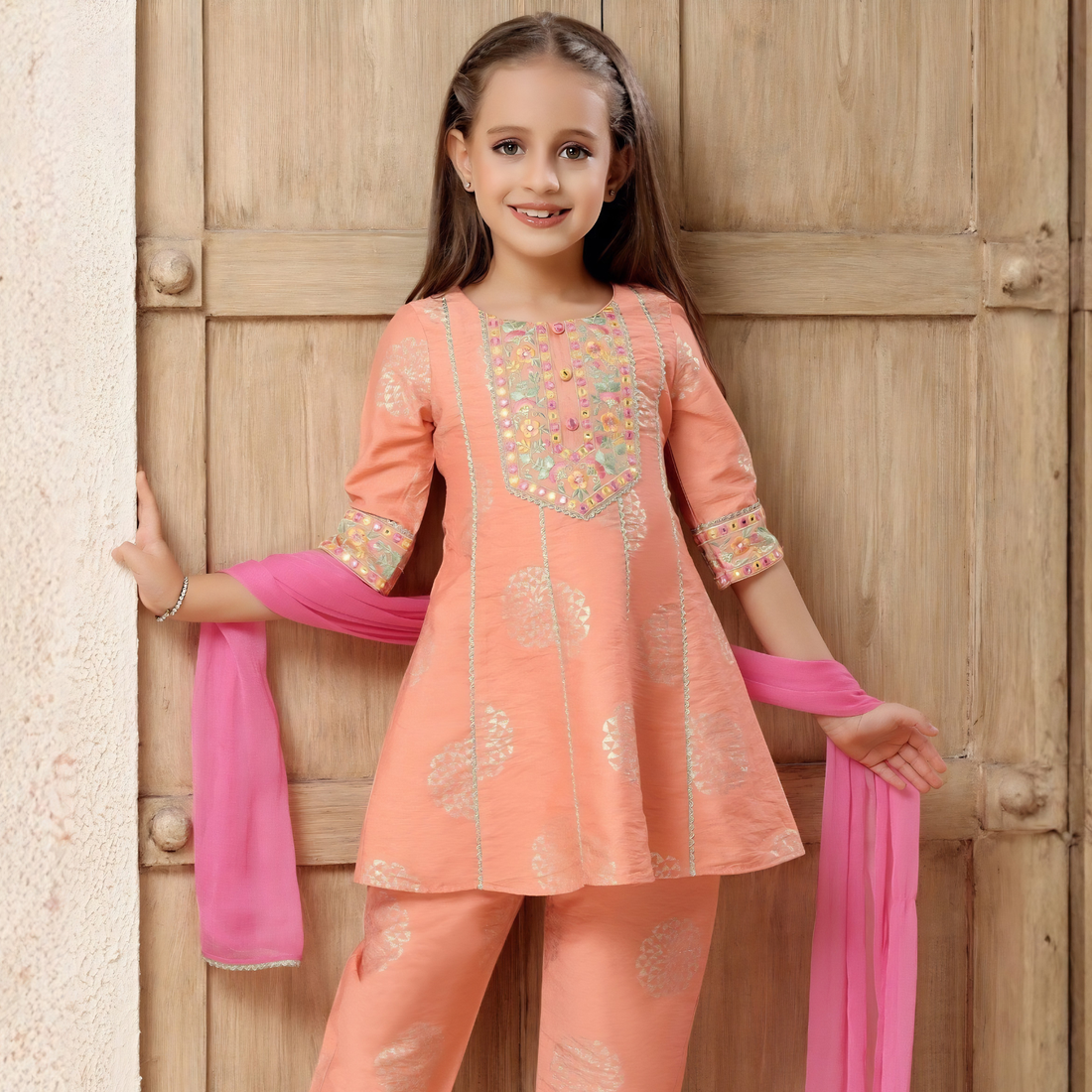 Girls' Embroidered Salwar Suit Set with Dupatta