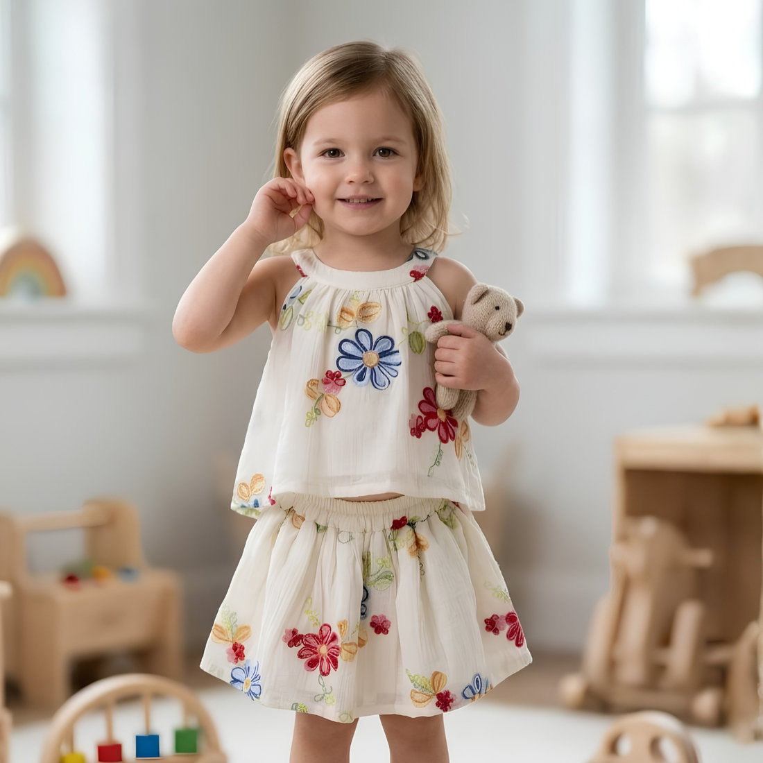 Cute Baby Girl Cream Top Skirt Set