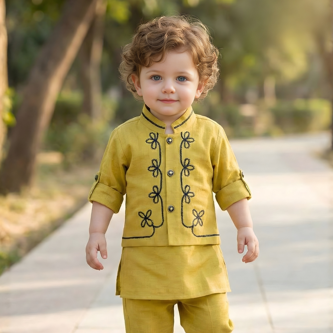 Embroidered Kids Kurta Pajama With Nehru Jacket
