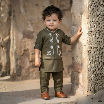 Embroidered Kids Kurta Pajama With Nehru Jacket