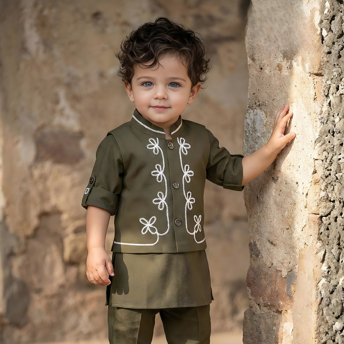 Embroidered Kids Kurta Pajama With Nehru Jacket