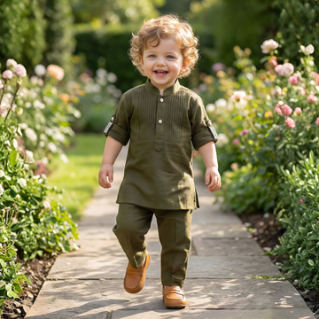Stylish Olive Kurta Set With Pants For Boys