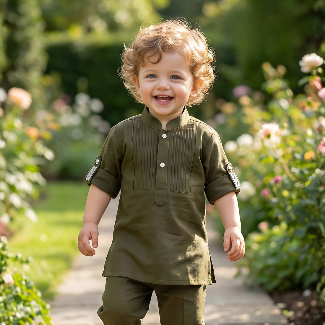 Stylish Olive Kurta Set With Pants For Boys