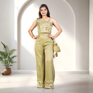 Stylish Green Crop Top And Palazzo Set