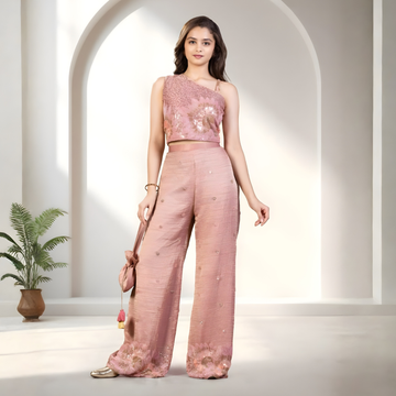 Stylish Peach Crop Top And Palazzo Set