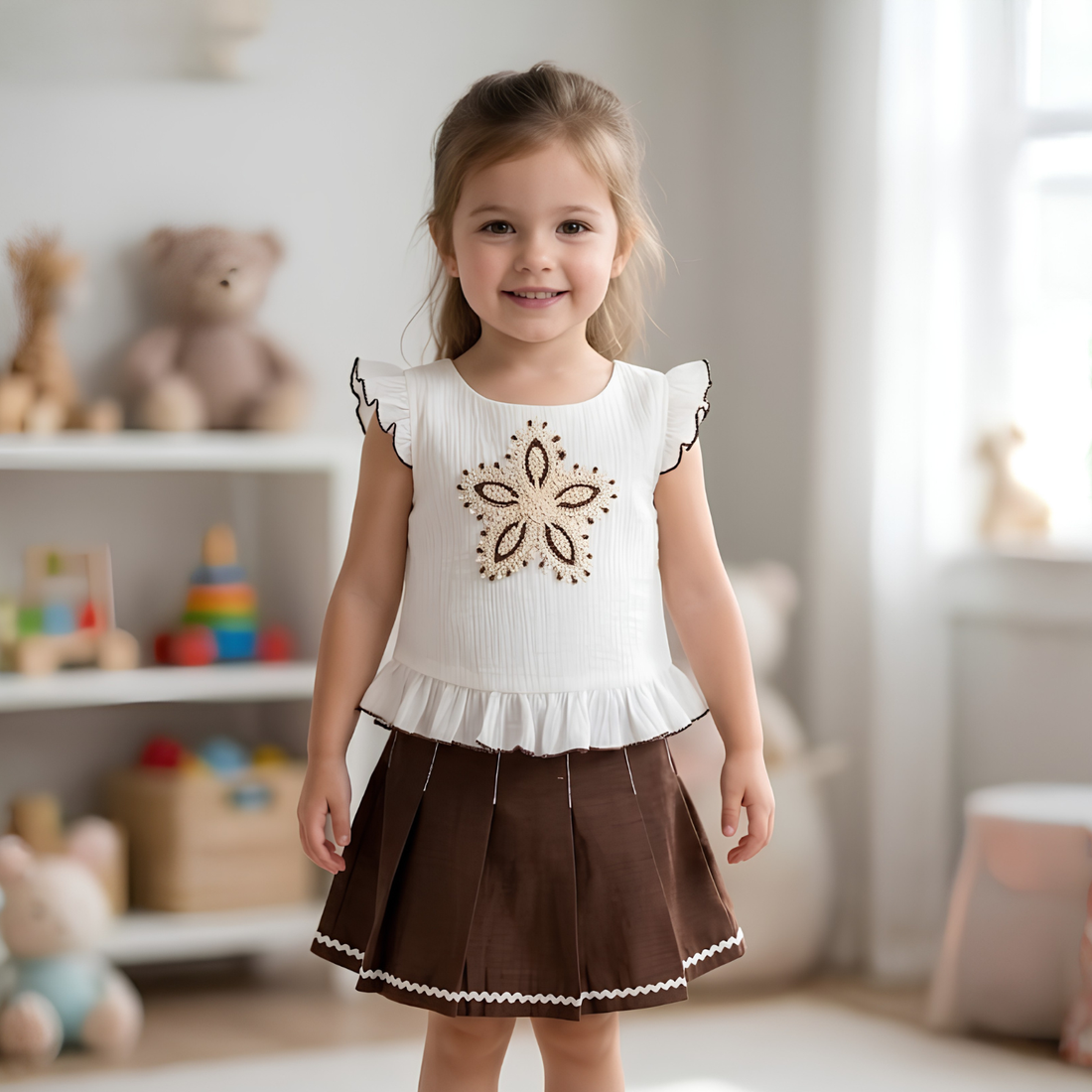 Cute Baby Girls Top And Brown Skirt & Top Set