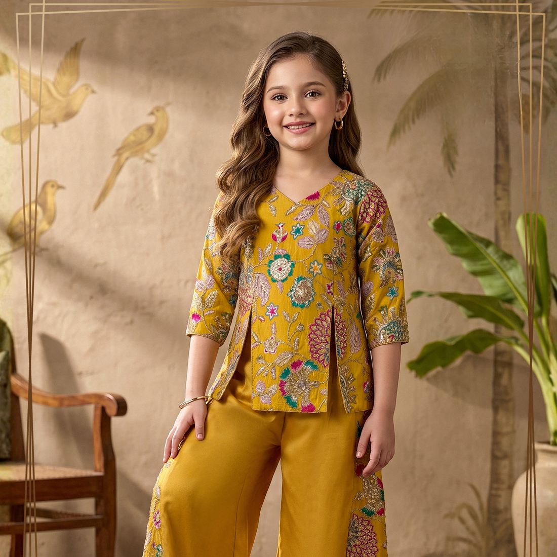 Girls yellow embroidered jacket palazzo set
