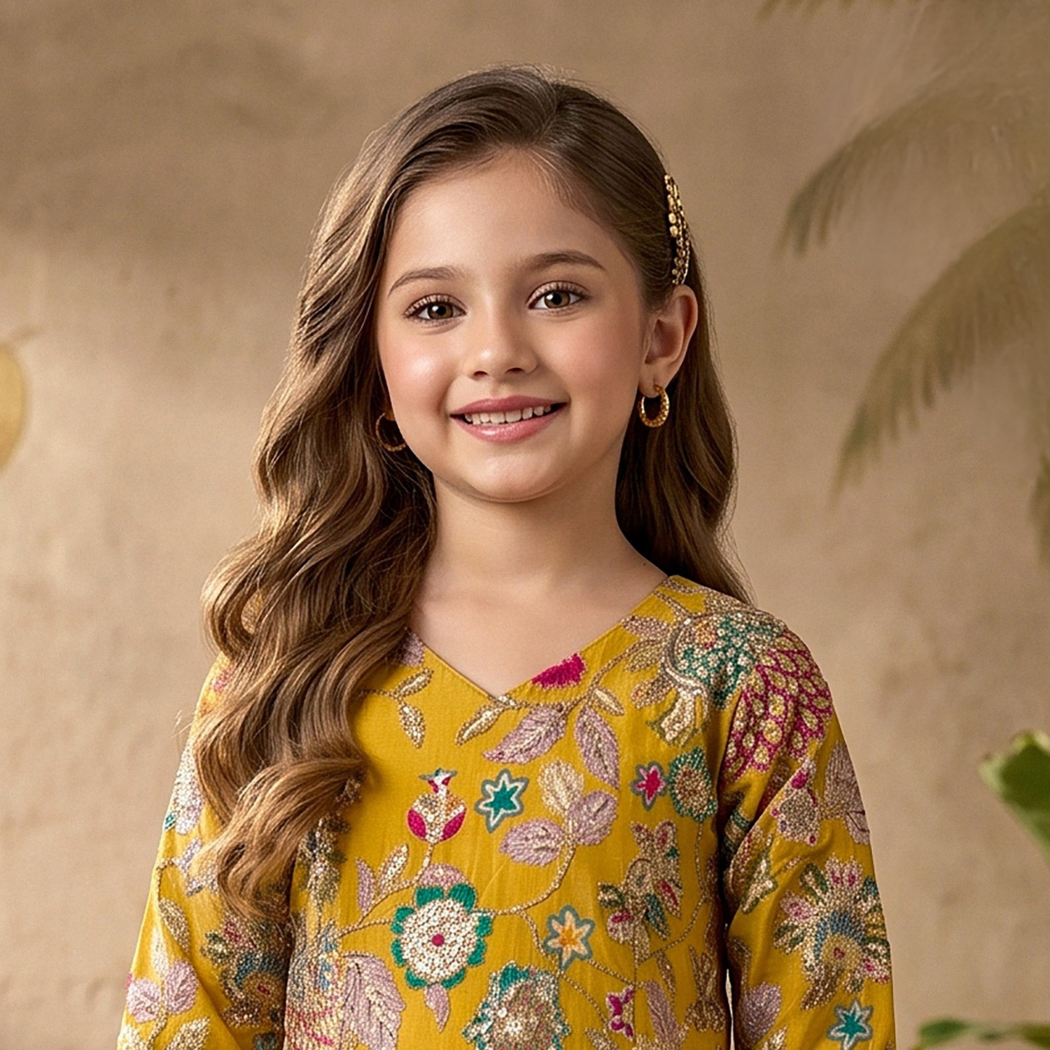 Girls yellow embroidered jacket palazzo set full view