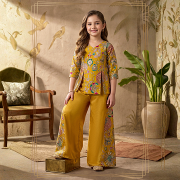 Girls yellow embroidered jacket palazzo set