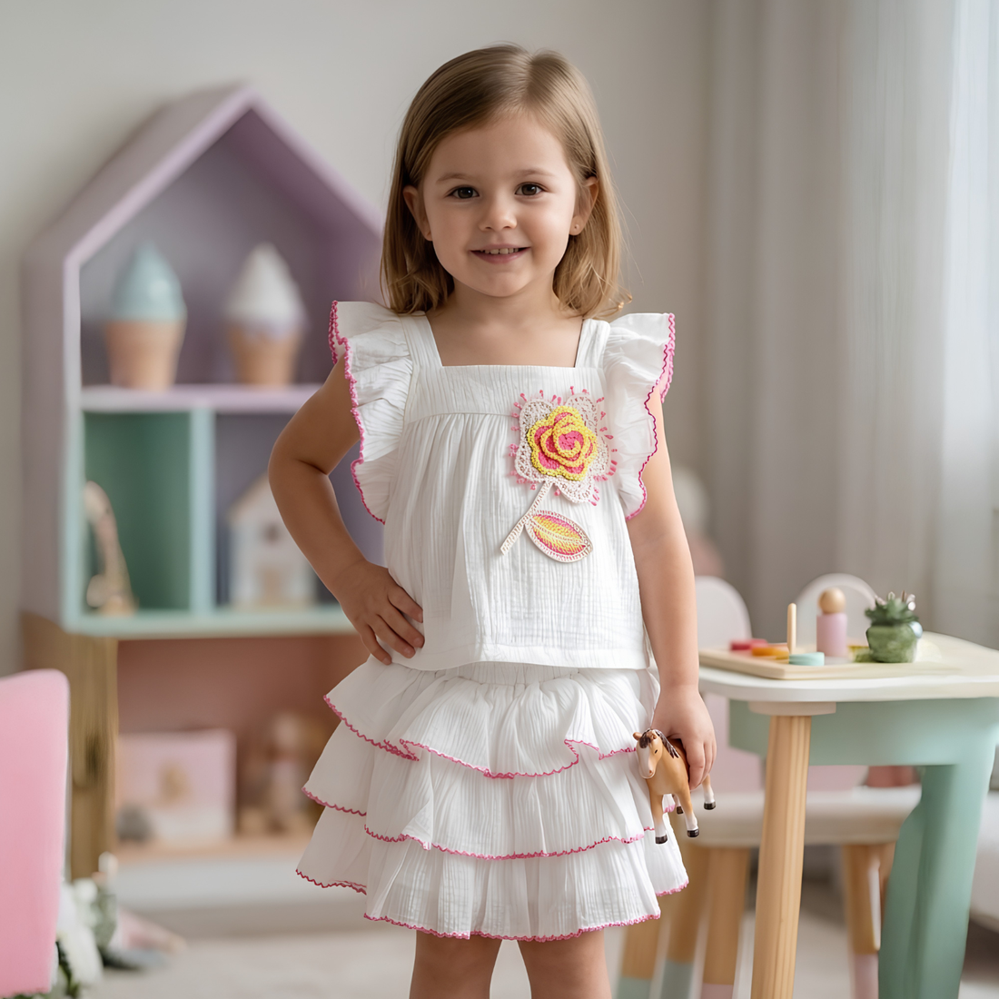 Cute Baby Girls Top And White Skirt & Top Set