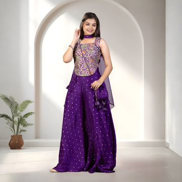 Purple Embellished Indo Western Crop Top Palazzo Set