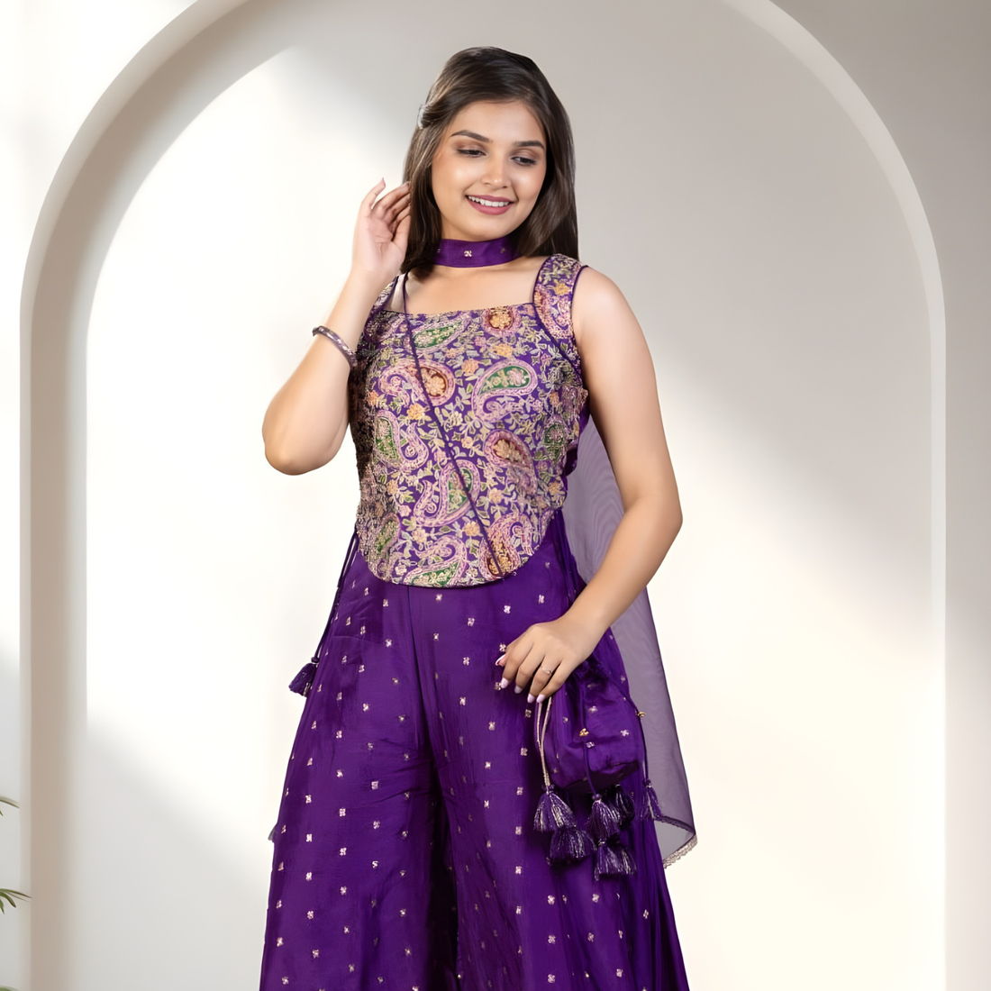 Purple Embellished Indo Western Crop Top Palazzo Set