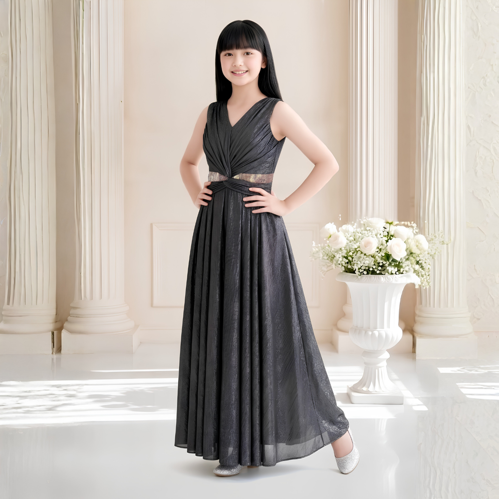 Black Evening Gown with Pleated Overlap Bodice For Girls