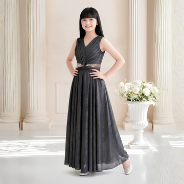 Black Evening Gown with Pleated Overlap Bodice For Girls