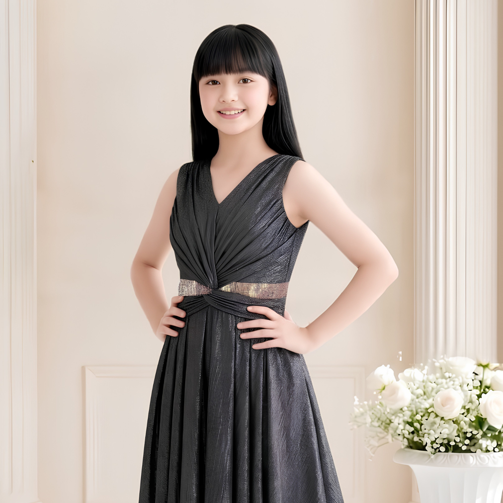Black Evening Gown with Pleated Overlap Bodice For Girls